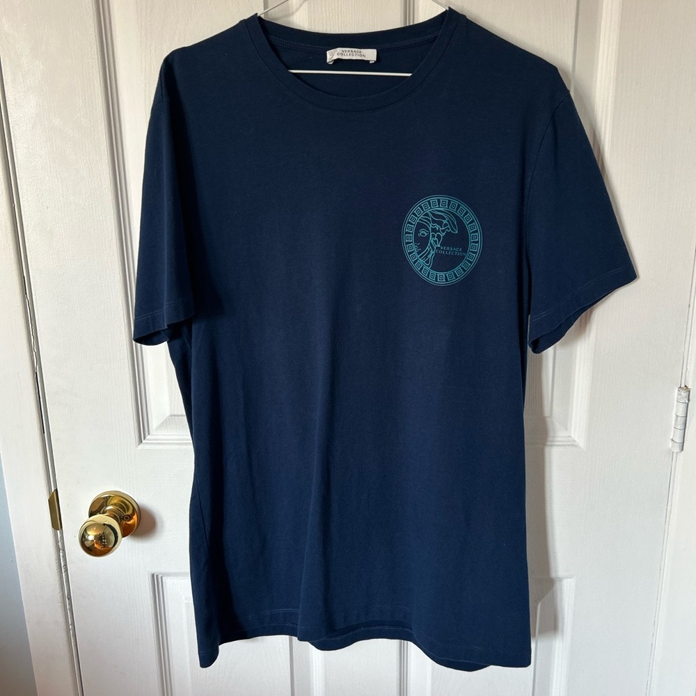 Versace Navy Blue Short Sleeve Tee with Teal Medusa Logo